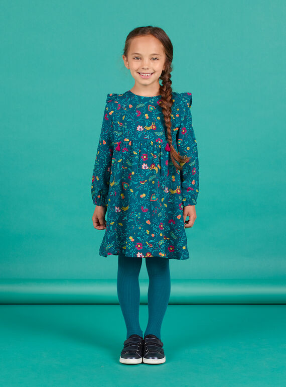 Vestido azul-pato em twill estampado florido menina MATUROB1 / 21W901K2ROB714
