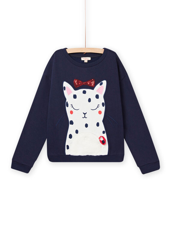Sweat em polar azul-marinho com estampado gato menina NALUSWEA2 / 22S901P1SWE070