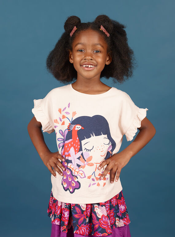 T-shirt mangas curtas rosa pálido com padrões menina e pavão menina MAPATI2 / 21W901H2TMCD319