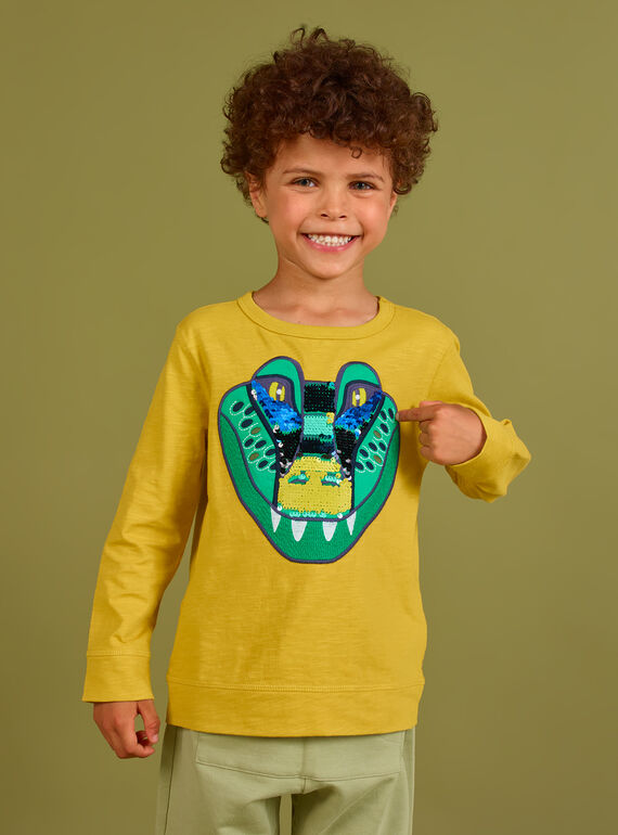 T-shirt amarelo padrão crocodilo com lantejoulas reversíveis menino MOKATEE2 / 21W902I3TML106