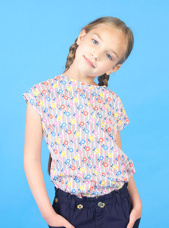 T-shirt rosa e azul às riscas e estampado florido criança menina LAHATI2 / 21S901X2TMC001