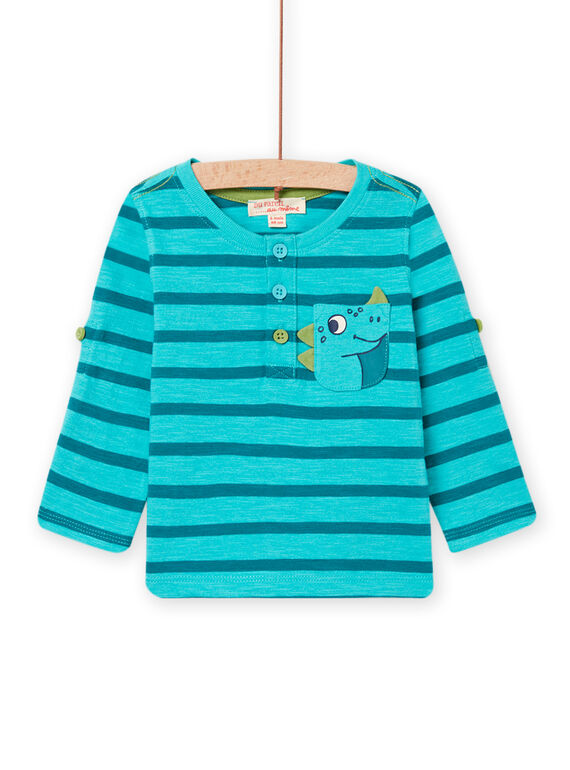T-shirt turquesa às riscas e padrão dinossauro bebé menino NUJOTUN1 / 22SG1074TML202