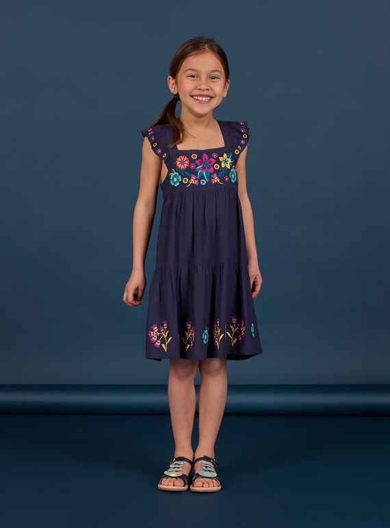Vestido azul-marinho estampados flores coloridas criança menina LAMUMROB4 / 21S901Z2ROBC211