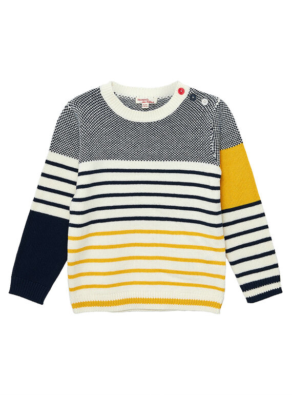 Camisola em algodão menino às riscas e jacquard azul-marinho, amarelo e cinzento JOJOPUL4 / 20S90241D2E705