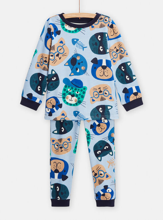 Pijama azul com estampado de cães e gatos às riscas menino TEGOPYJTETE / 24SH124BPYJ001