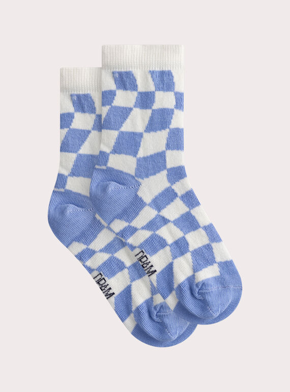 Meias em tons de azul e cru com padrão de quadrados  WYOJOCHO4 / 25SI02I4SOQ005