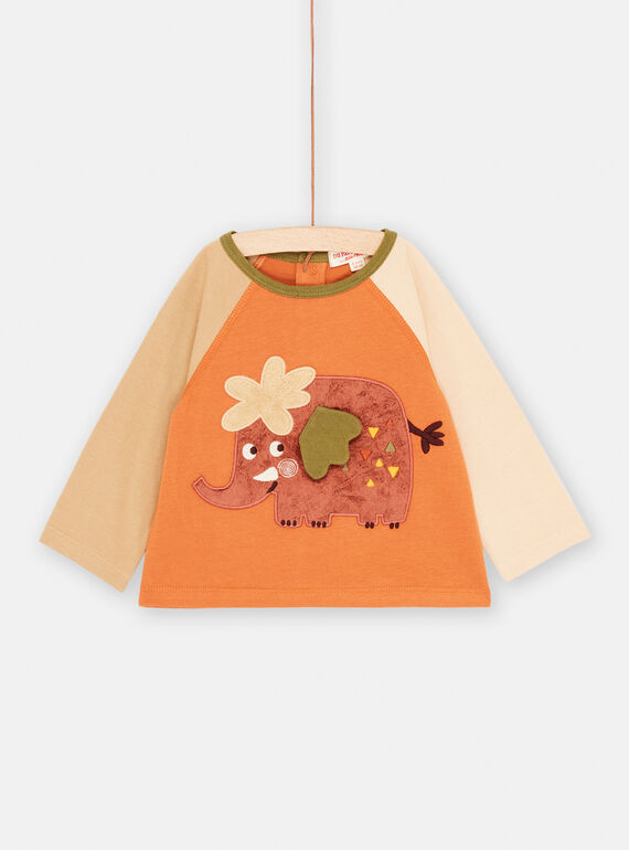 T-shirt vermelho-tijolo e bege com animação de elefante para bebé menino SUCOUTEE1 / 23WG10L3TML403