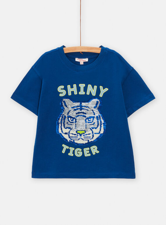 T-shirt azul-marinho com animação cabeça de tigre em lantejoulas reversíveis para menino TODETI / 24S902J2TMC070
