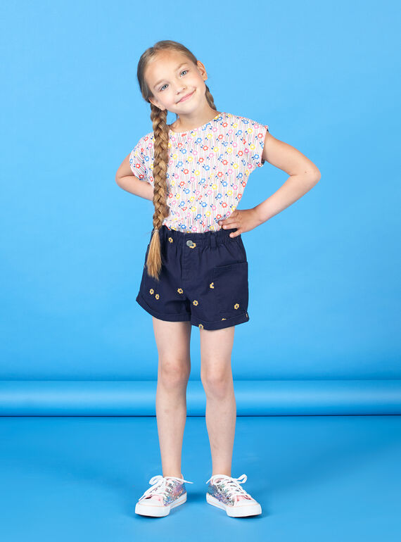 Calções azul-marinho estampado florido criança menina LAHASHORT / 21S901X1SHO070
