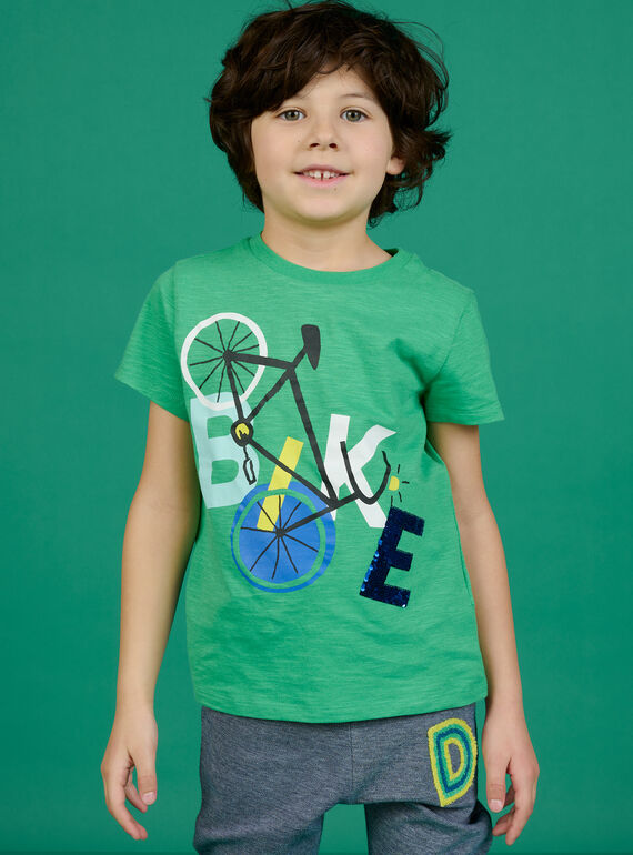 T-shirt verde kiwi com padrão bicicleta com lantejoulas reversíveis menino NOGATI1 / 22S902O2TMC617