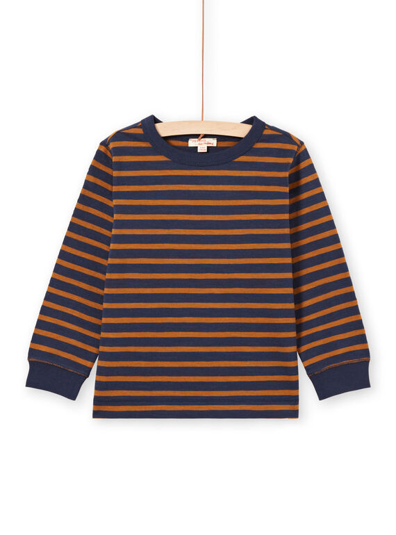 T-shirt de mangas compridas às riscas castanho e azul-marinho menino MOJOTIRIB4 / 21W9022BTML812