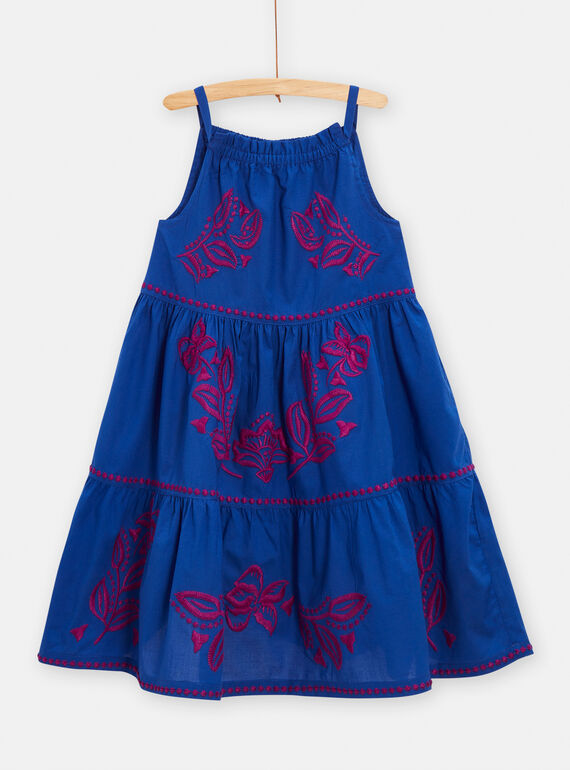 Vestido azul com bordados floridos para menina TAMUMROB3 / 24S901R1ROBC207