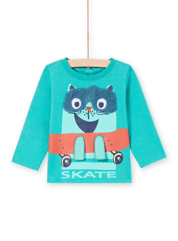 T-shirt de mangas compridas turquesa com estampado gato skater bebé menino MUTUTEE1 / 21WG10K2TMLC217