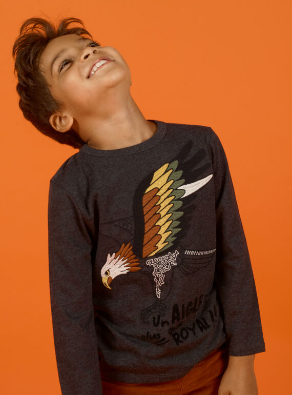 T-shirt de mangas compridas cinzento mesclado com padrão de águia menino MOSAUTEE2 / 21W902P4TML944