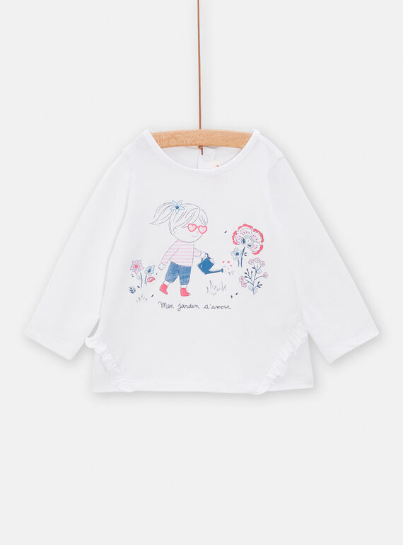 T-shirt branco com padrão menina no jardim para bebé menina TIDETEE2 / 24SG09J1TML000