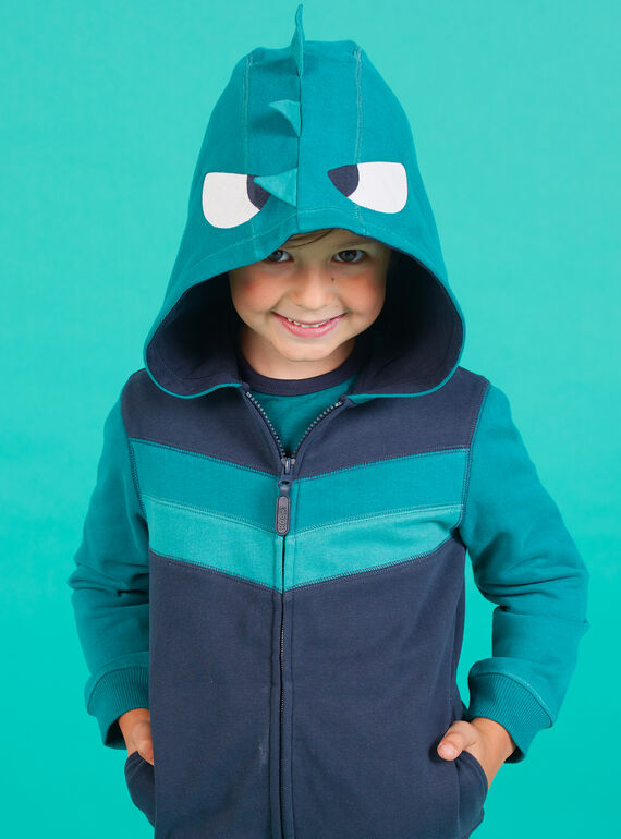 Casaco de malha com fecho zip azul-noite com capuz e estampado decorativo menino MOTUGIL2 / 21W902K2GIL705
