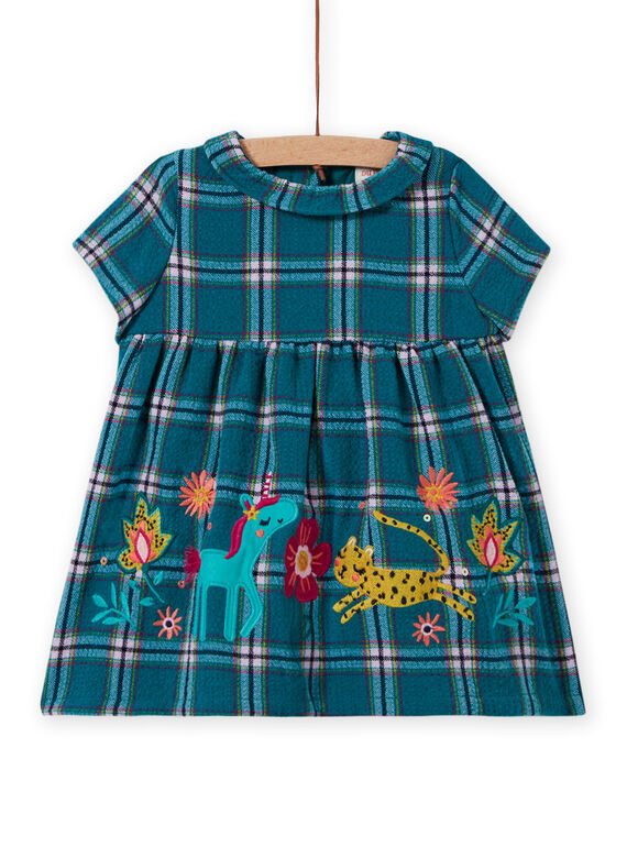 Vestido turquesa aos quadrados e padrões decorativos bebé menina MITUROB3 / 21WG09K1ROBC217