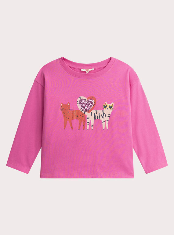 T-shirt rosa de animação de gatos com lantejoulas para meninas  VAROTEE2 / 24W901P2TMLD330