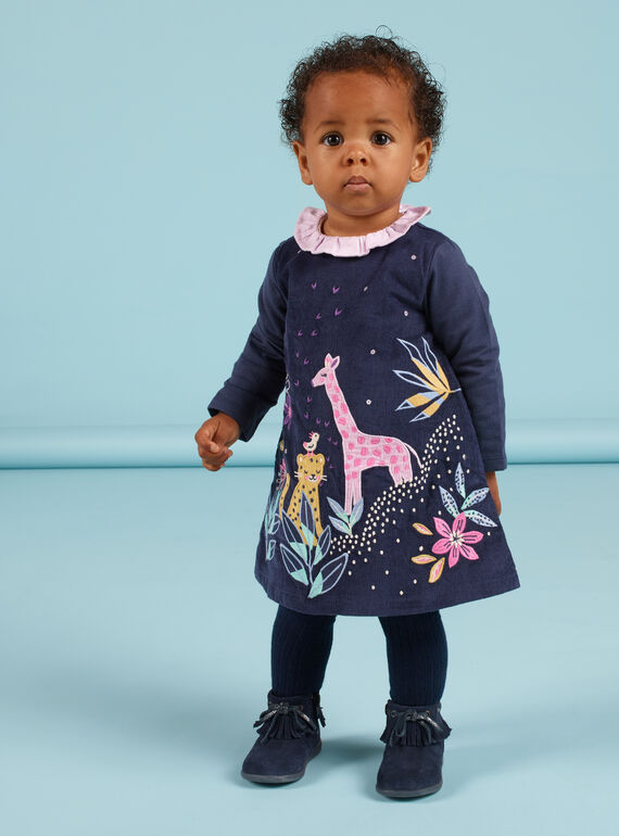Vestido azul-marinho em veludo com padrão de savana bordado bebé menina MIPLAROB1 / 21WG09O3ROBC202