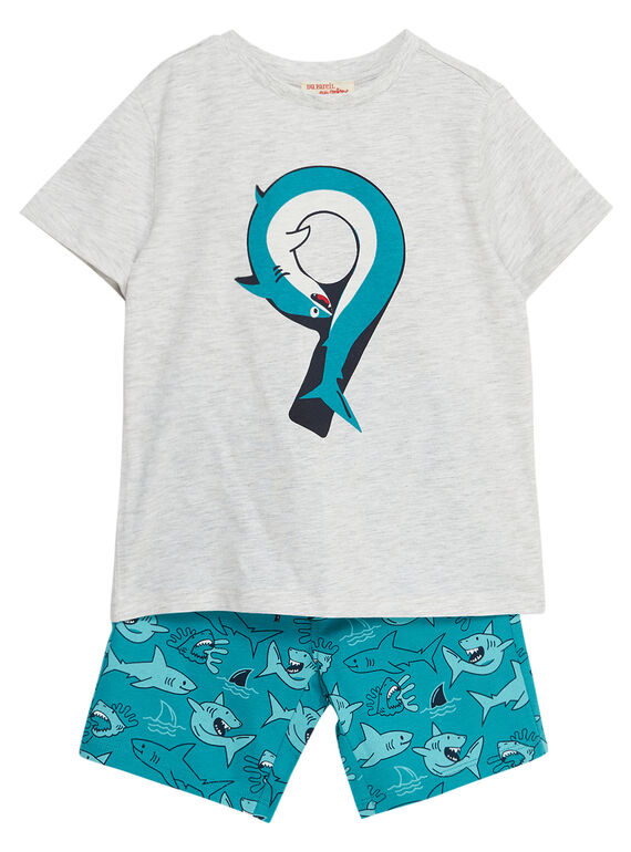 Conjunto de praia menino t-shirt cinzento mesclado e bermudas estampado turquesa tubarão JOPLAENS1 / 20S902X2ENSJ906