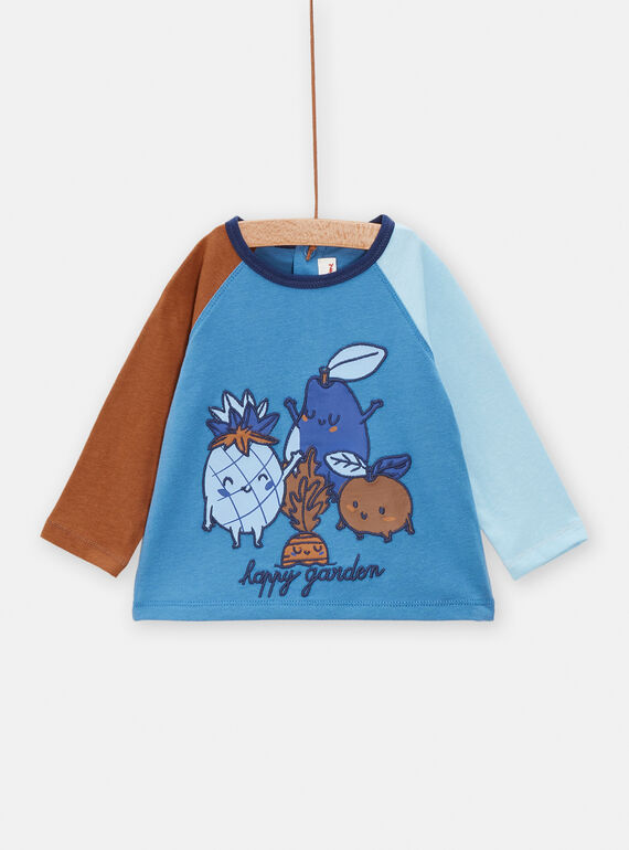T-shirt azul de mangas a contrastar para bebé menino TUDETEE1 / 24SG10J1TMLC221