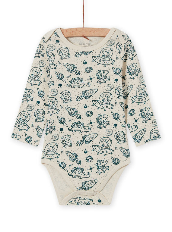Body de mangas compridas cru e azul com estampado de espaço bebé menino MEGABODCHA / 21WH14C2BDL080