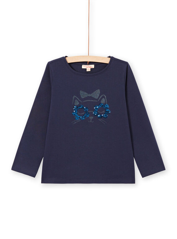 T-shirt de mangas compridas azul-noite padrão gato menina MAJOYTEE1 / 21W90113TMLC205