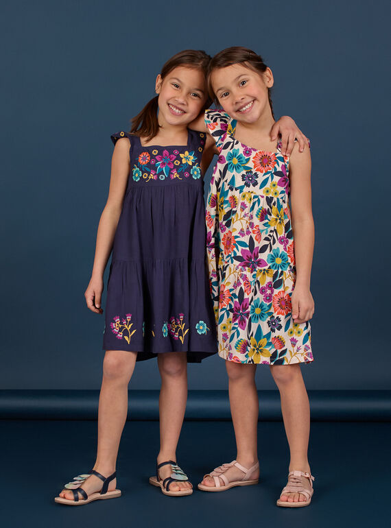 Vestido azul-marinho estampados flores coloridas criança menina LAMUMROB4 / 21S901Z2ROBC211