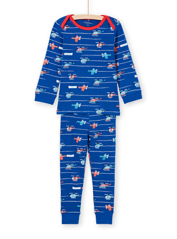 Conjunto pijama T-shirt e calças azul e vermelho estampado às riscas e helicópteros menino MEGOPYJAVIO / 21WH1285PYJC214