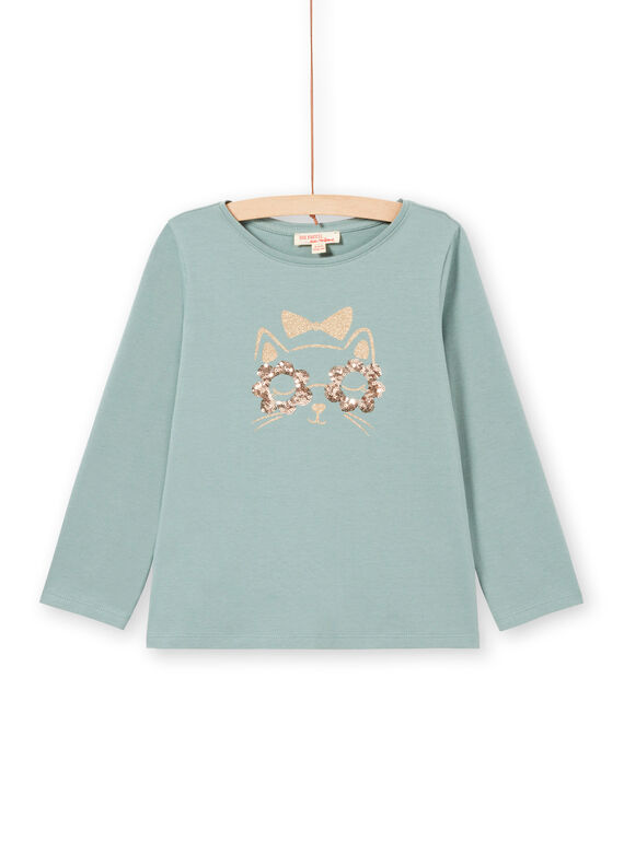 T-shirt turquesa de mangas compridas com padrão gato com purpurinas menina MAJOYTEE4 / 21W9012CTML612