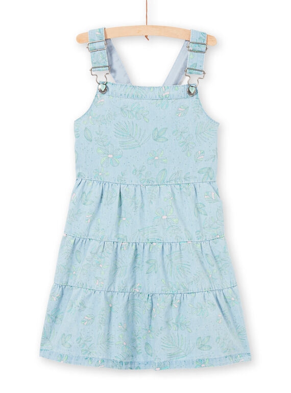 Vestido jardineiras em ganga azul-claro estampado folhagens menina LAVEROB4 / 21S901Q3ROBP272