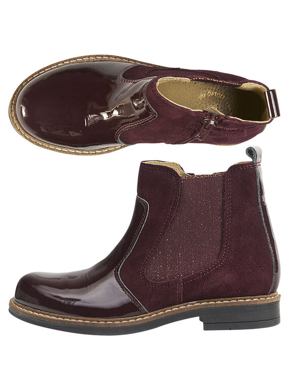 Boots Chelsea bi-matéria couro crosta e envernizado cor de vinho criança menina GFBOOTPRU / 19WK35ICD0D719