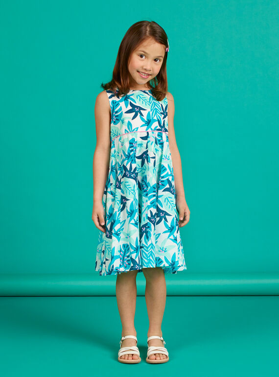Vestido branco e azul estampado folhagem menina LAVEROB3 / 21S901Q1ROB001