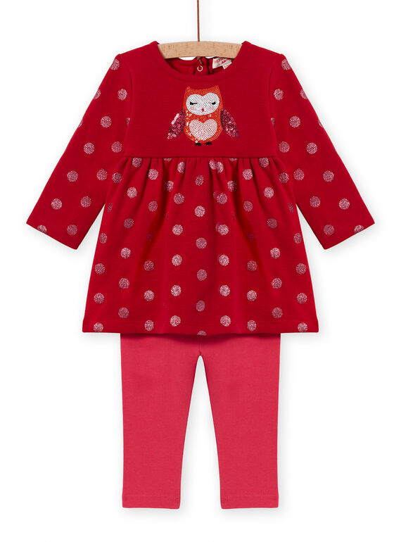 Conjunto vermelho vestido estampado corações e leggings às riscas bebé menina MIFUNENS / 21WG09M1ENS511