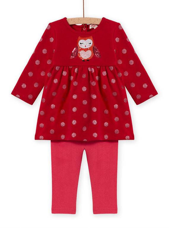 Conjunto vermelho vestido estampado corações e leggings às riscas bebé menina MIFUNENS / 21WG09M1ENS511