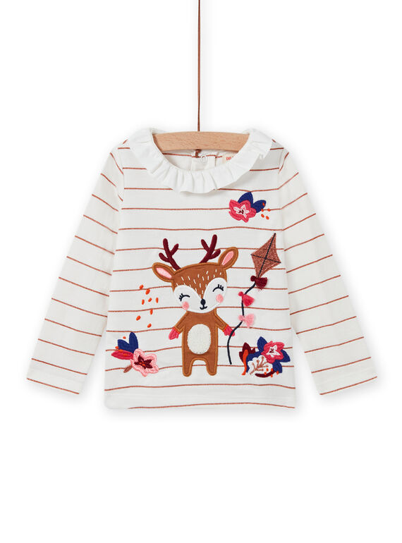 T-shirt às riscas e gola com folhos e padrão de cervo bebé menina MIFUNBRA / 21WG09M1BRA001