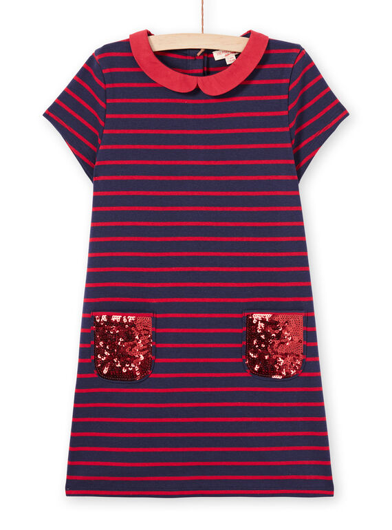 Vestido milano às riscas mangas curtas vermelho e azul-noite menina MAJOROB2 / 21W90126ROBC205