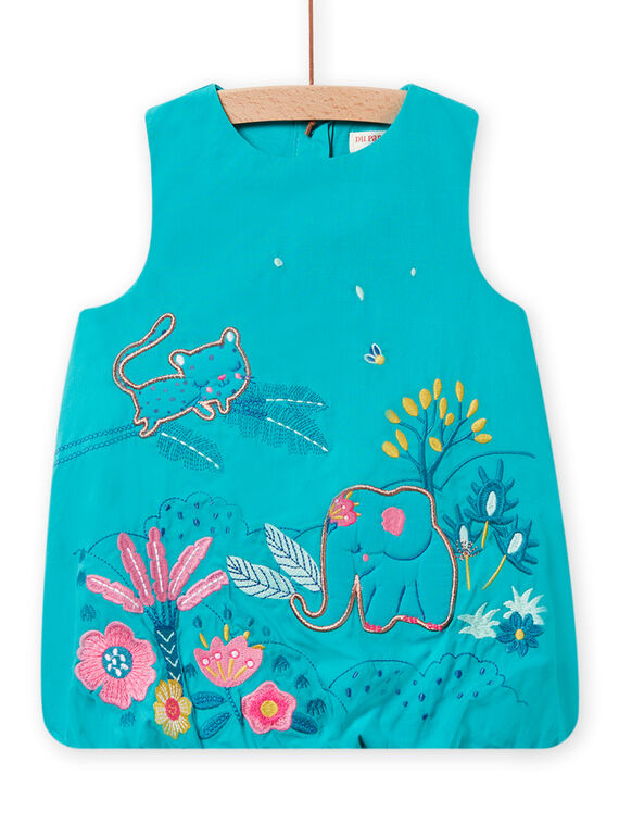 Vestido balão azul-turquesa bordado em popelina bebé menina NIGAROB2 / 22SG09O3ROB202