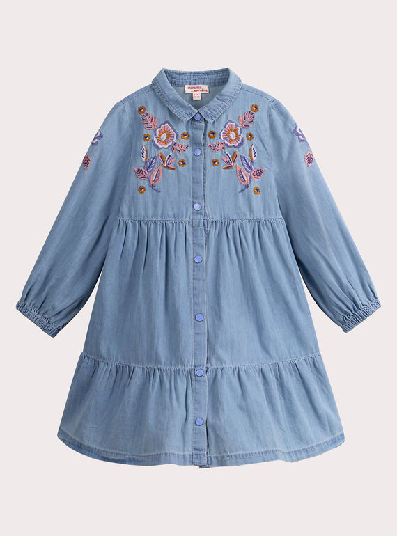 Vestido com efeito ganga e bordados florais para menina VADAROB3 / 24W90123ROBP272