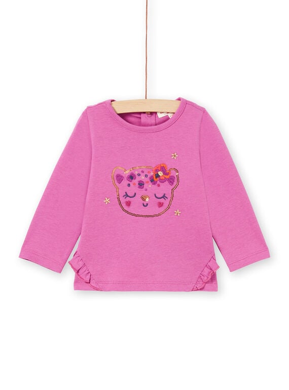 T-shirt mangas compridas rosa com padrão cabeça de leopardo com purpurinas bebé menina MIPATEE2 / 21WG09H3TMLH705
