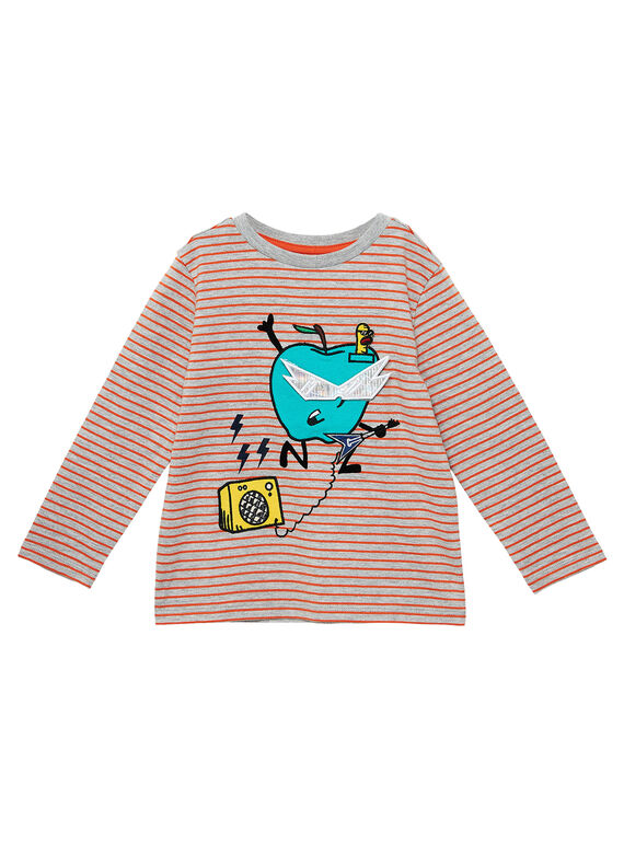 T-shirt menino mangas compridas micro riscas laranja e cinzento JOVITEE2 / 20S902D2TML943