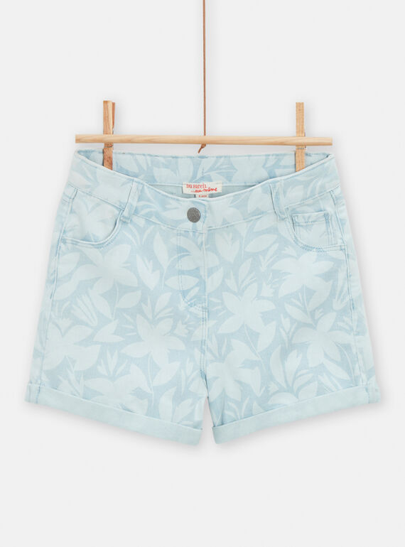 Calções de ganga azul-claro com estampado florido desbotado menina TAJOSHORT3 / 24S901C2SHO721