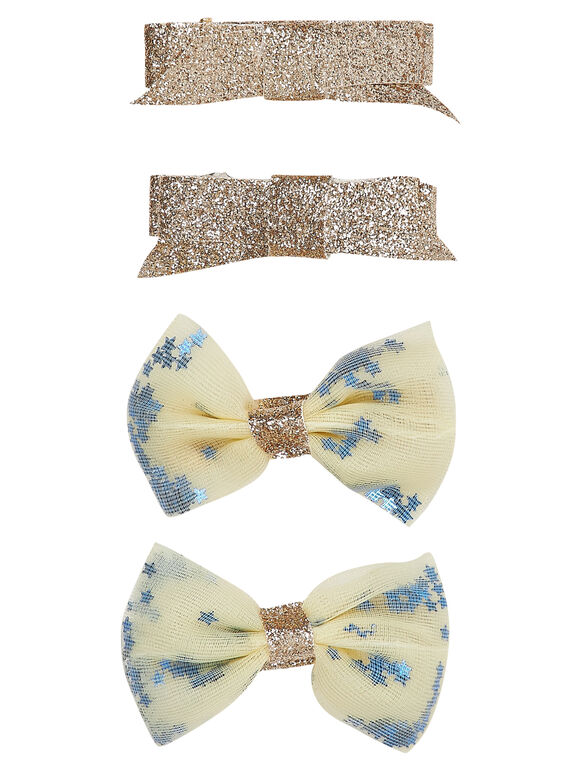 Conjunto de 4 ganchos - 2 em glíter OURO + 2 com laços de tule + sequins AZUL no interior do tule. JYASOCLIC1 / 20SI0182BRT955