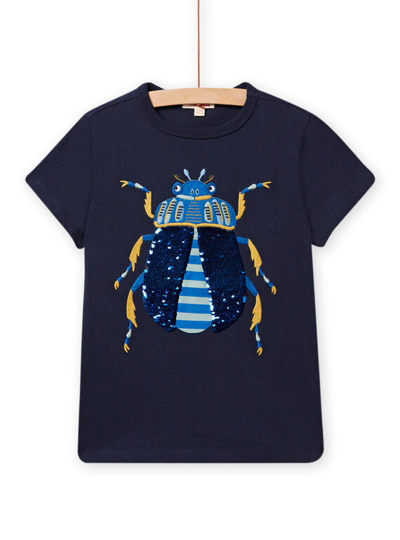 T-shirt azul-noite com padrão escaravelho em lantejoulas reversíveis menino NOSANTI5 / 22S902S3TMC705