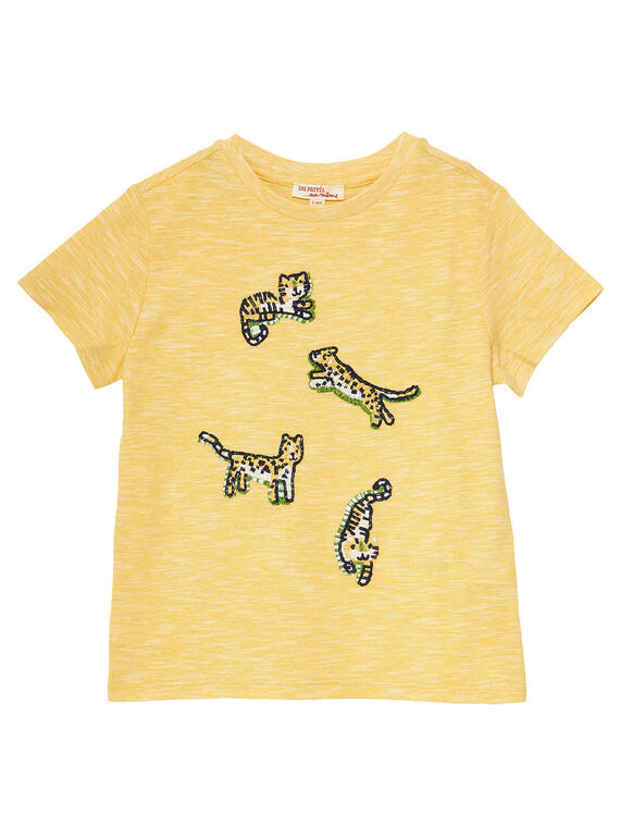 T-shirt mangas curtas amarelo menino com micro riscas e bordados JOTROTI2 / 20S902F2TMCB116