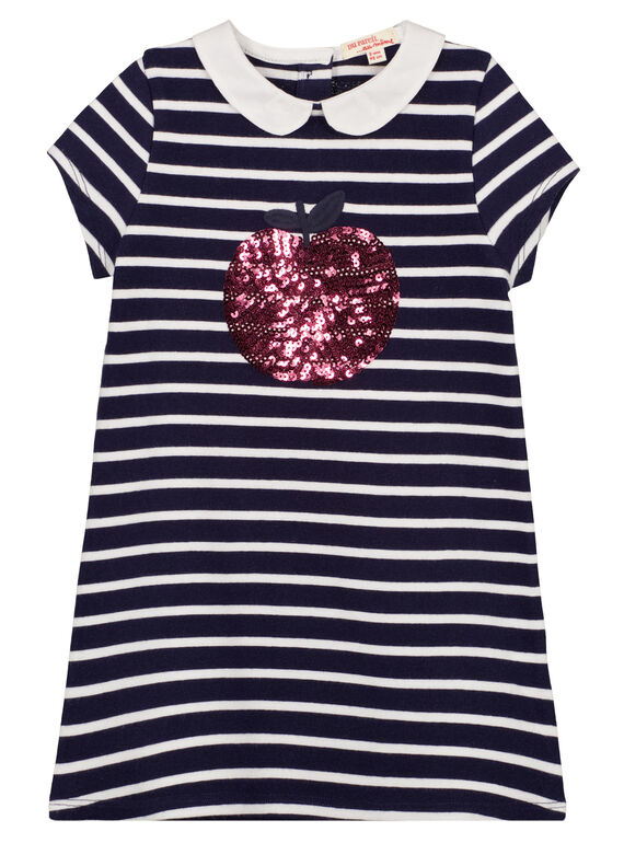 Vestido de mangas curtas às riscas tipo marinheiro com gola peter pan e maçã bordada com sequins brilhantes GAJOROB1 / 19W90143D2F070