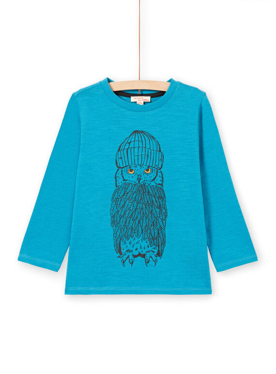 T-shirt de mangas compridas turquesa padrão coruja menino MOJOTEE5 / 21W902N1TMLC211