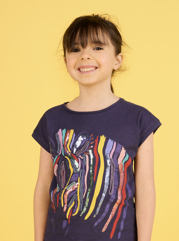 T-shirt azul-marinho com estampado zebra colorido menina NALUTI2 / 22S901P1TMC070