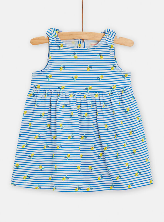 Vestido azul e branco com estampado às riscas e limões para bebé menina TIPLAROB1 / 24SG09S2ROB000