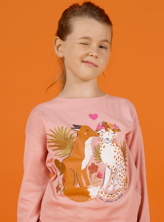 T-shirt mangas compridas rosa com padrões raposa e leopardo menina MASAUTEE3 / 21W901P3TML303